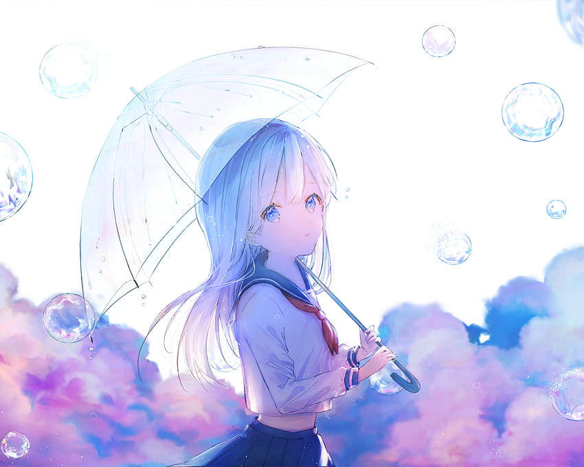 1280x1024 Anime Liseli Kız, Şeffaf Şemsiye, Kabarcıklar, şeffaf anime HD duvar kağıdı