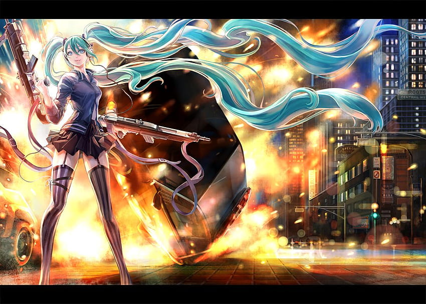 niebieskie oczy miasto ogień zielone włosy pistolet hatsune miku słuchawki długie, miasto anime w ogniu Tapeta HD