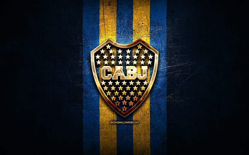 Boca Juniors FC, złote logo, Argentyńska Primera Division, niebieskie metalowe tło, piłka nożna, CA Boca Juniors, argentyński klub piłkarski, logo Boca Juniors, piłka nożna, Argentyna, Club Atletico Boca Juniors z, boca jr Tapeta HD