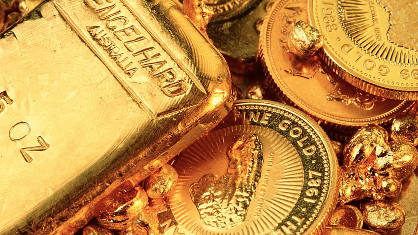 GOLD RUSH pessoas de ouro de coronavírus estão em pânico comprando moedas e barras de ouro papel de parede HD