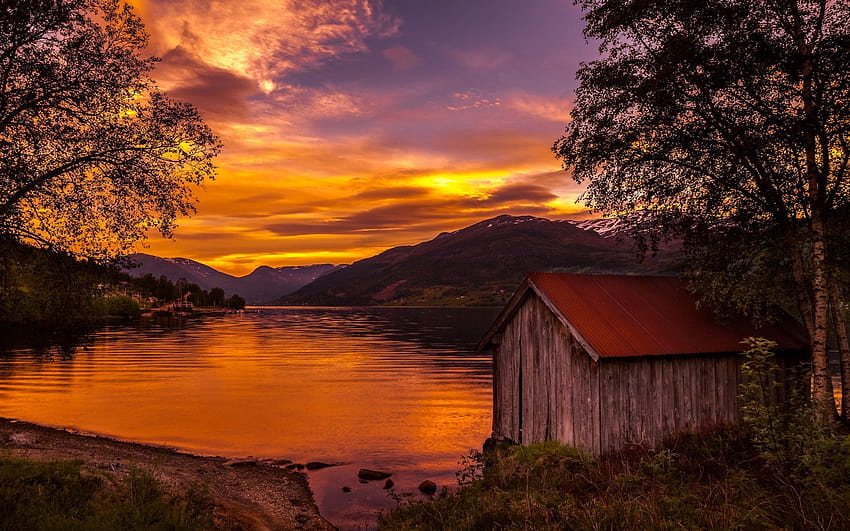: sunlight, trees, landscape, sunset, lake, water, nature, reflection, sky, clouds, sunrise, Norway, evening, morning, shrubs, gold, dusk, boathouses, tree, autumn, mountain, dawn, 1920x1200 px, loch, afterglow 1920x1200, autumn trees sunsets HD wallpaper