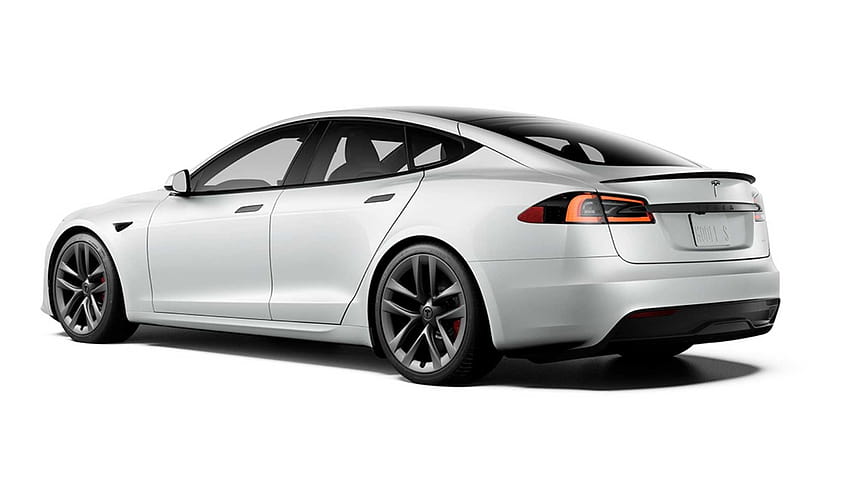 Tesla Model S Plaid muestra el alerón trasero activo, velocidad en Laguna Seca fondo de pantalla