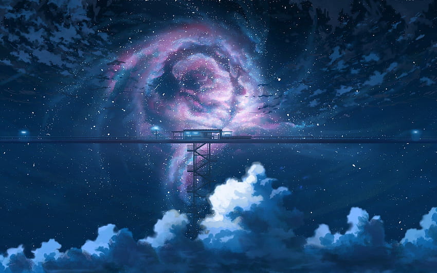 Anime Nachthimmel Sterne Wolken Landschaft, ästhetisches Star Macbook HD-Hintergrundbild