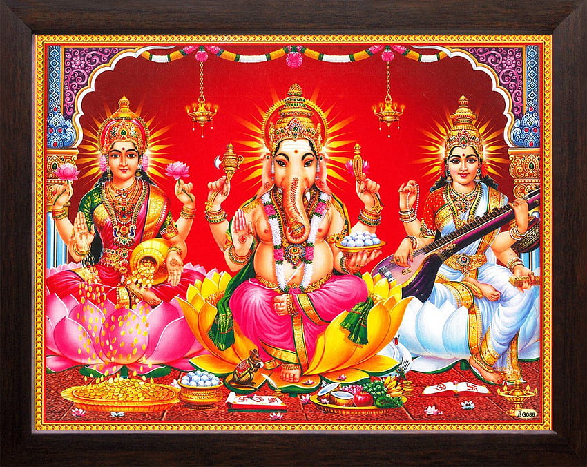 Art n Store Mata Lakshmi with Devi Saraswati and Lord Ganesha แผ่นอะคริลิกพิมพ์ลายพร้อมกรอบไม้ MDF, god ganesh and saraswathi วอลล์เปเปอร์ HD