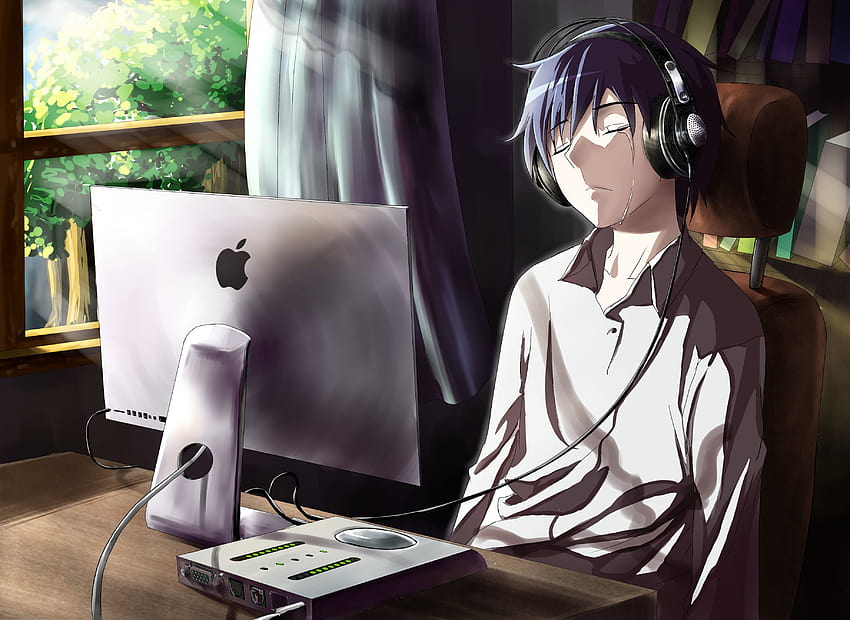karakter anime pria di depan ilustrasi monitor iMac, pria anime retro Wallpaper HD