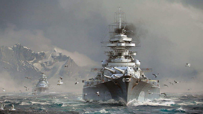 Visão frontal do encouraçado marítimo do mundo completo dos navios de guerra, encouraçados papel de parede HD