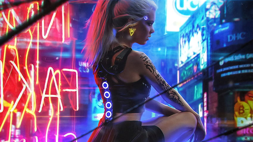 Cyberpunk Neon Girl neon, cyborg cyberpunk 2077 cyfrowa grafika fanów Tapeta HD