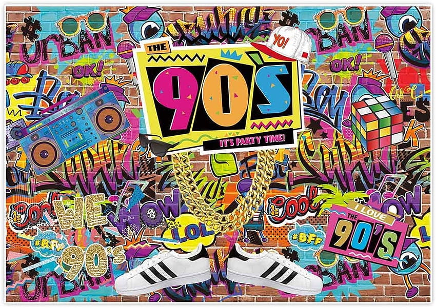 2,4 x 1,8 m Anni '90 Casa Hip Hop Rock Punk Musica Dance Disco Retro Adulto Birtay Graffiti colorati Muro di mattoni Birtay Party Studio Panno per matrimoni Ritratto di famiglia Sfondi Panno: Camera &, Hip hop anni '90 Sfondo HD