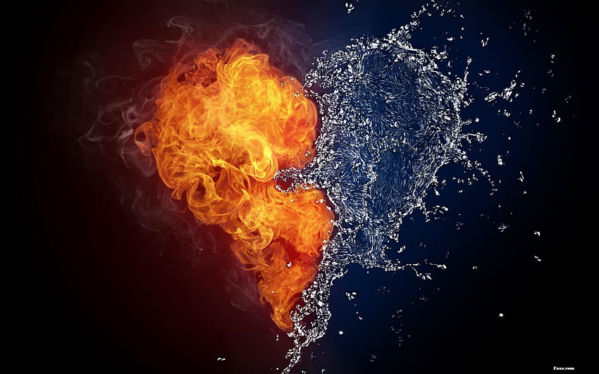 Fire and Water in the Shape of Love Heart HD wallpaper