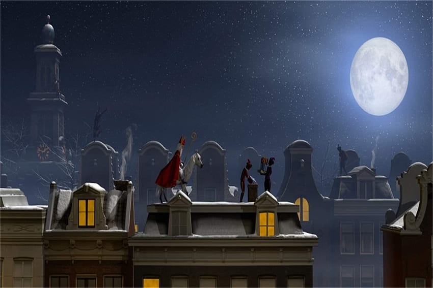 Amazon : Laeacco 7x5ft Sinterklaas Nocny pejzaż pod pełnią księżyca Winyl Święty Mikołaj i jego sługa Wysyłanie prezentów na kominach na dachu Holandia Tradycyjne obchody festiwalu Deco Tła : Elektronika Tapeta HD