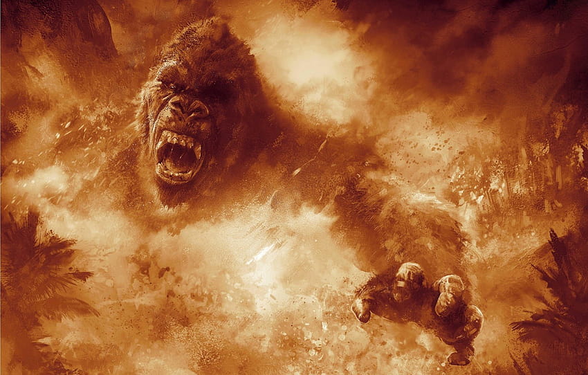 cinema, fuoco, fiamma, film, animale, gorilla, zanna, film, arrabbiato, forte, furia, scintilla, Kong: Skull Island, kong , sezione фильмы, gorilla del fuoco Sfondo HD