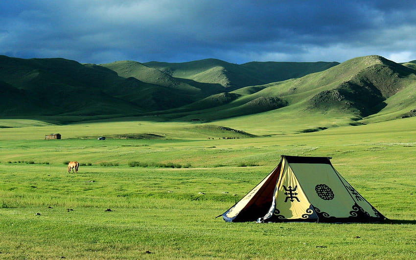 nature, Landscape, Mongolia, Tents, Steppe, Field, Hill HD wallpaper