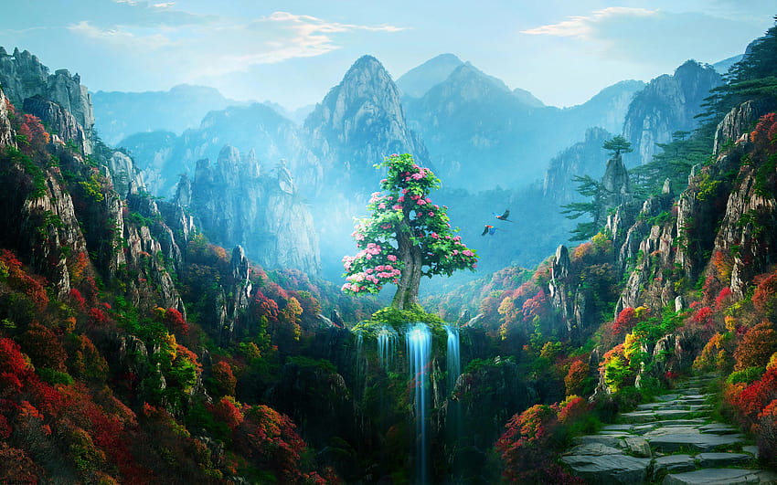 Frühling Herbst bunte Natur magischer Wald, Anime Frühling HD-Hintergrundbild