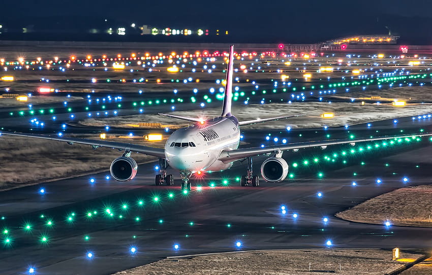 Notte, Luci, Giappone, L'aereo, Pista, aeroplano in aeroporto Sfondo HD
