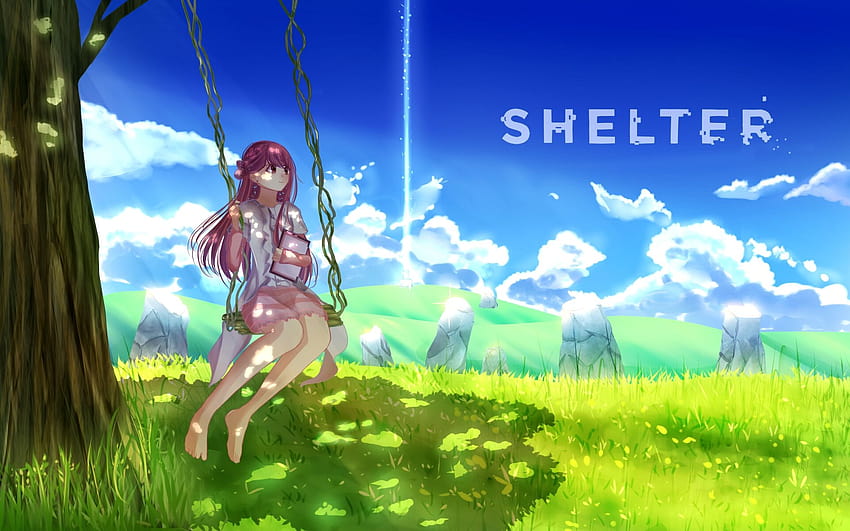 Shelter, Rin, Swing, Landscape, Clouds, Sky, Grass, anime shelter HD wallpaper