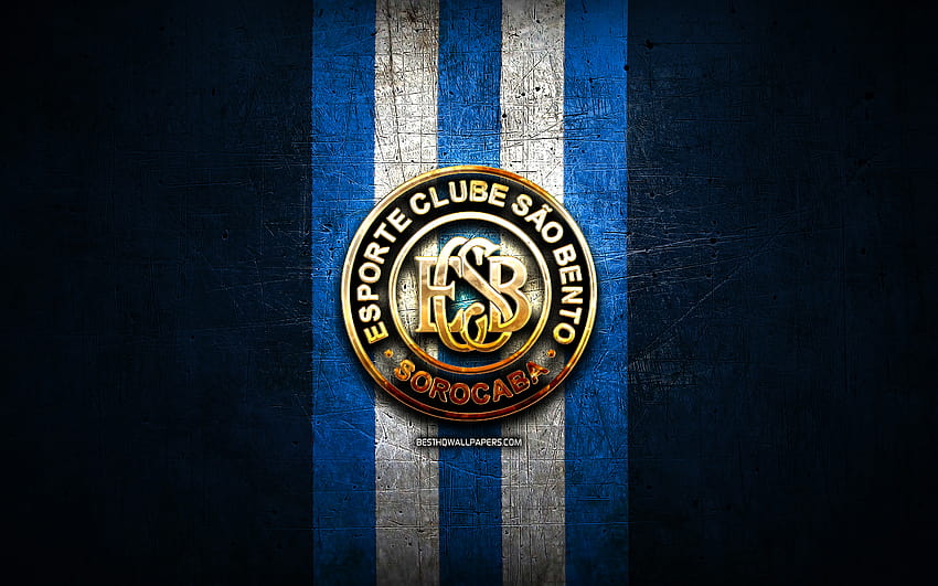 Sao Bento FC, golden logo, Serie B, blue metal background, football, EC Sao Bento, brazilian football club, Sao Bento logo, soccer, Brazil with resolution 2880x1800. High Quality HD wallpaper
