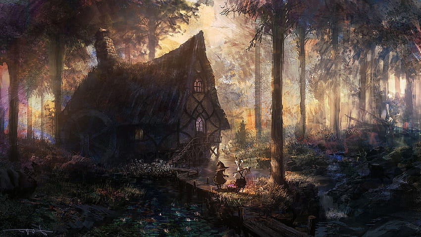 casa foresta fiume alberi opera d'arte fantasy cabina e sfondi, cabine fluviali Sfondo HD