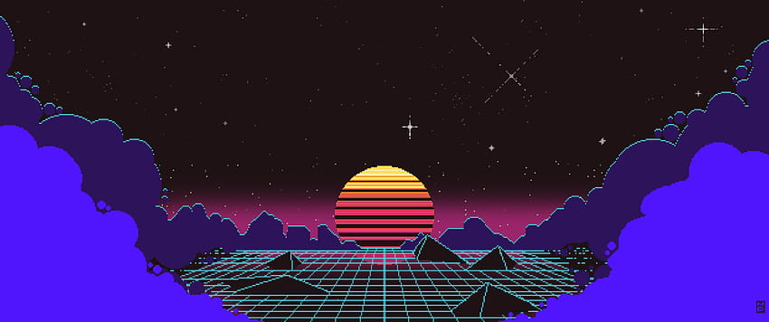 Outrun Pixel Sunset [6880×2880] : ワイドスクリーン、アウトラン サンセット 高画質の壁紙