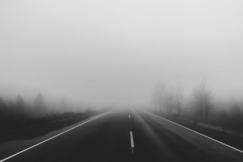 : black and white, fog, road, mist, morning, highway, atmosphere, foggy, weather, haze, lane, misty, monochrome graphy, atmospheric phenomenon 1920x1280, dark road with fog HD wallpaper