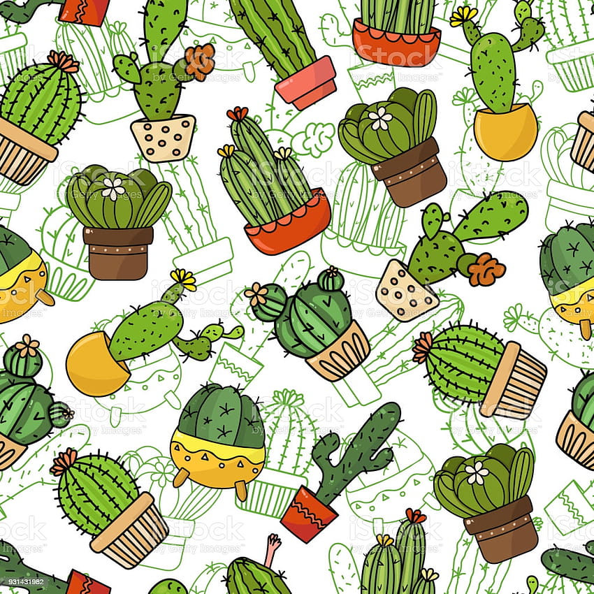 Seamless Backgrounds Texture Backdrop Cartoon Cacti Of Vector Doodle Illustrations Template For Printing Web Design Packaging Cover Postcard Advertising Cactus In Pots Stock Illustration, cartoon cactus HD phone wallpaper