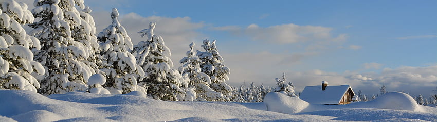3840x1080 Snow, House, Winter, Sky, Pines, 3840x1080 winter HD wallpaper
