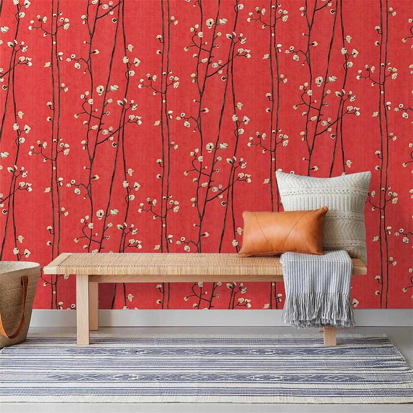 HaokHome Vintage fleur pour murs 3d rouge/noir/jaune style japonais pour salon Contact papier décoration murale Fond d'écran de téléphone HD