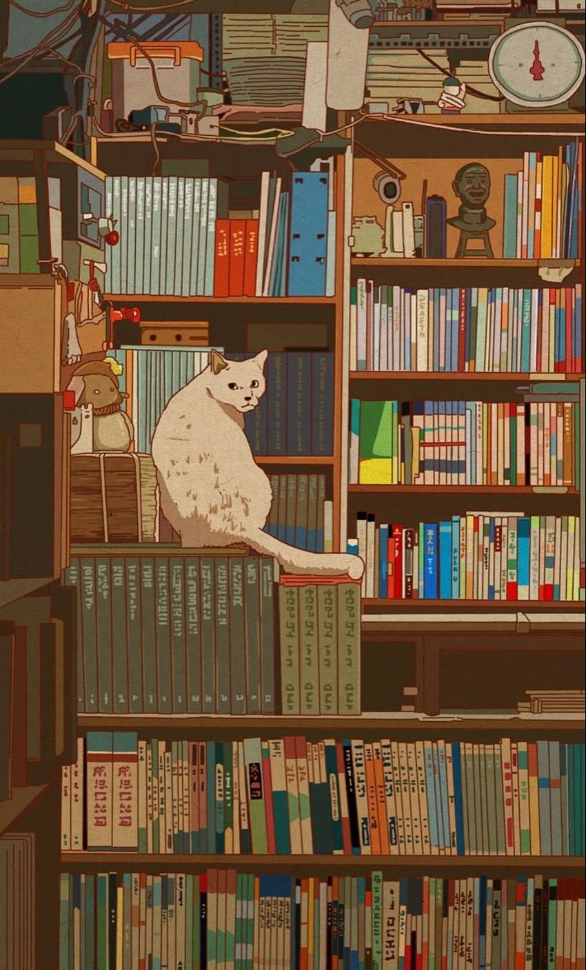 Oh kucing kecilku di rak buku, kartun buku estetika wallpaper ponsel HD