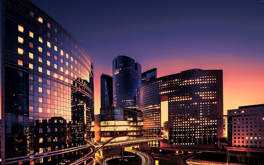 Paris, La Défense, Abend, moderne Gebäude, Glasfassaden, Geschäftszentrum, Geschäftsviertel, Frankreich mit einer Auflösung von 3840x2400. Hohe Qualität HD-Hintergrundbild