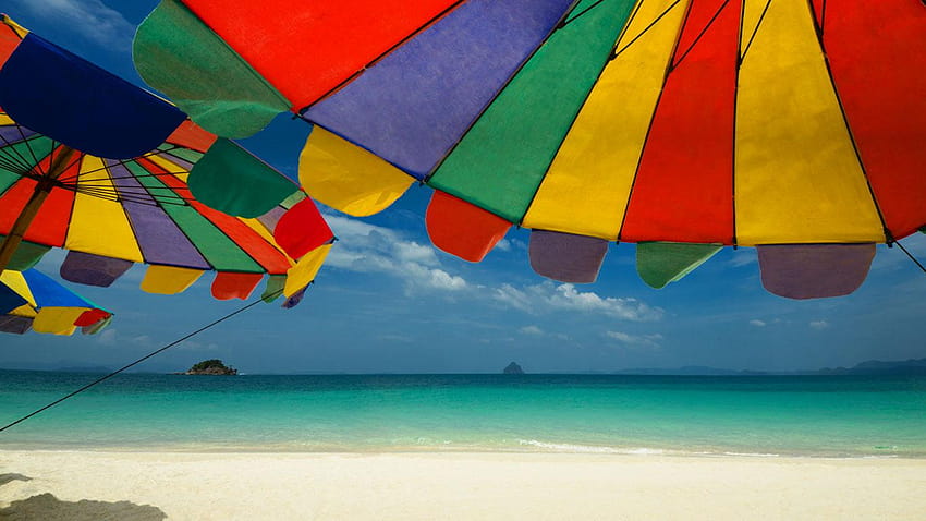 Bing Beach Umbrellas Parasole na słonecznym, tęczowym parasolu plażowym Tapeta HD