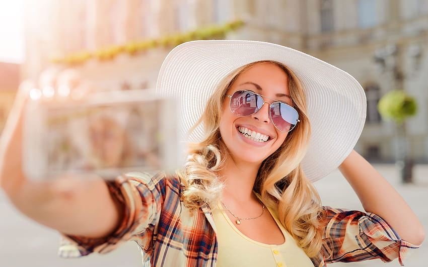 Blonde girl Smile Selfie Hat female Glasses 3840x2400, blonde girl eyeglasses HD wallpaper