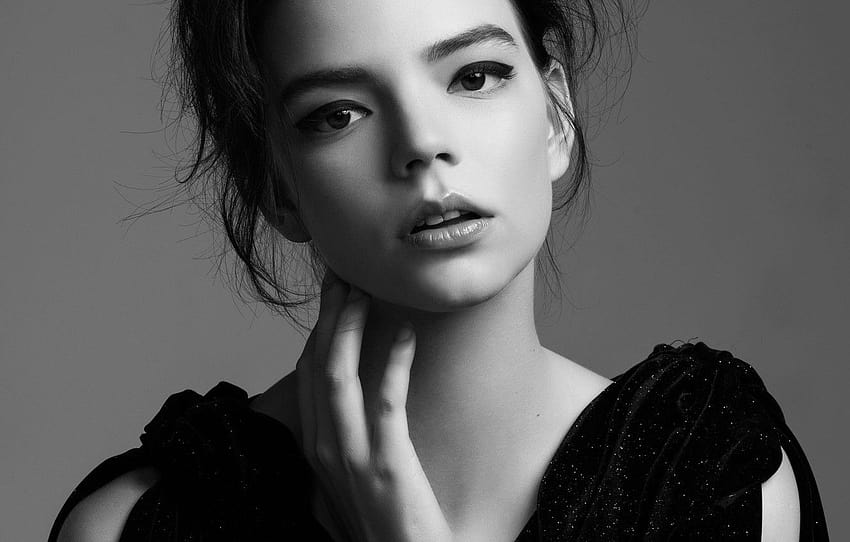 background, model, portrait, makeup, dress, actress, brunette, hairstyle, black and white, beauty, 2016, Just Jared, Justin Campbell, Anya Taylor HD wallpaper