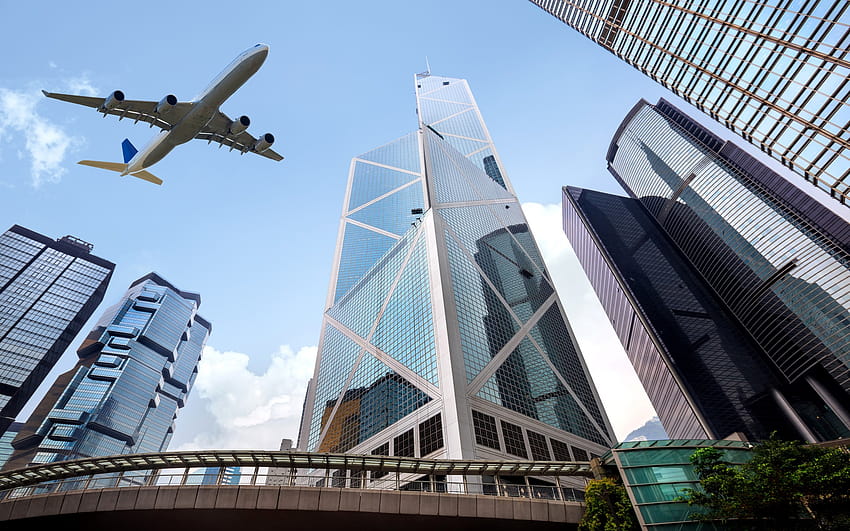 Bank of China Tower, arquitetura moderna, arranha-céus, Hong Kong, avião, conceitos de negócios, mundo dos negócios com resolução 2560x1600. Alta qualidade papel de parede HD