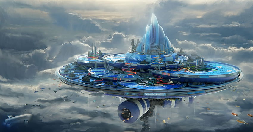 Aircraft City Cloud Floating Island Futuristic, floating city HD wallpaper