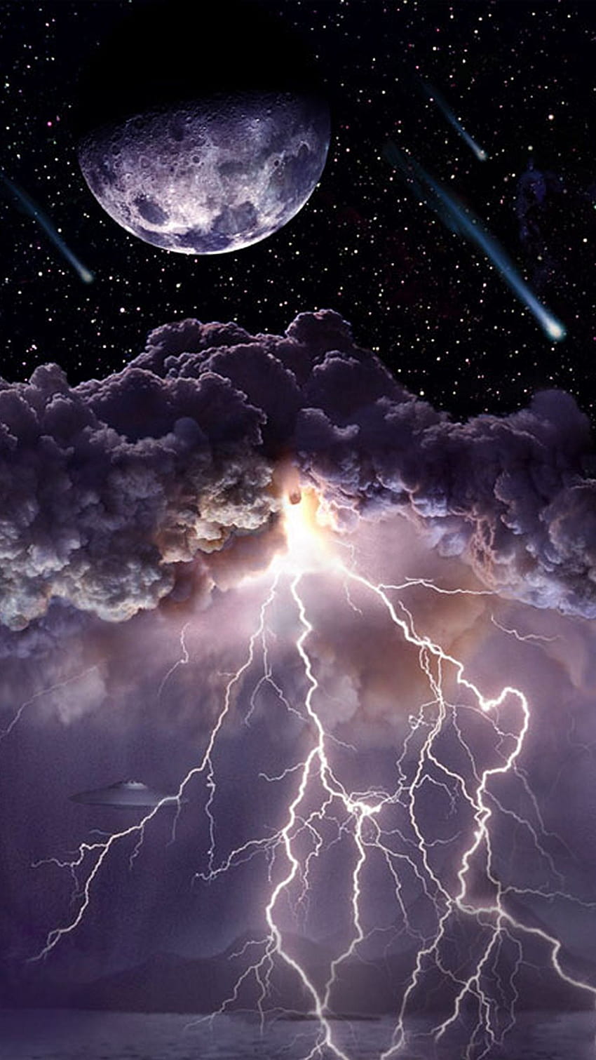Луна Астероиди Буреносни облаци Светкавица iPhone 6 Plus, лилава светкавична луна HD тапет за телефон