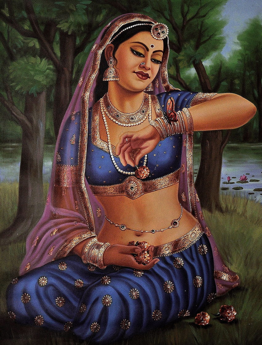 ペインティングバレーでインドの村の女性の絵、インドの女性の油絵 HD電話の壁紙