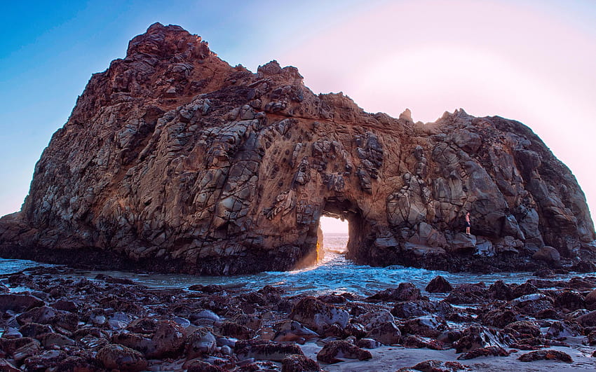 : Pfeiffer Beach, California, USA, rocks, arch, sun rays, coastal rock formation HD wallpaper