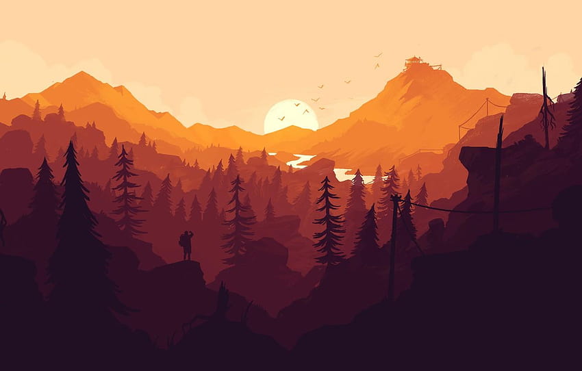 hutan, matahari, matahari terbenam, oranye, permainan, manusia, matahari terbenam minimalis Wallpaper HD