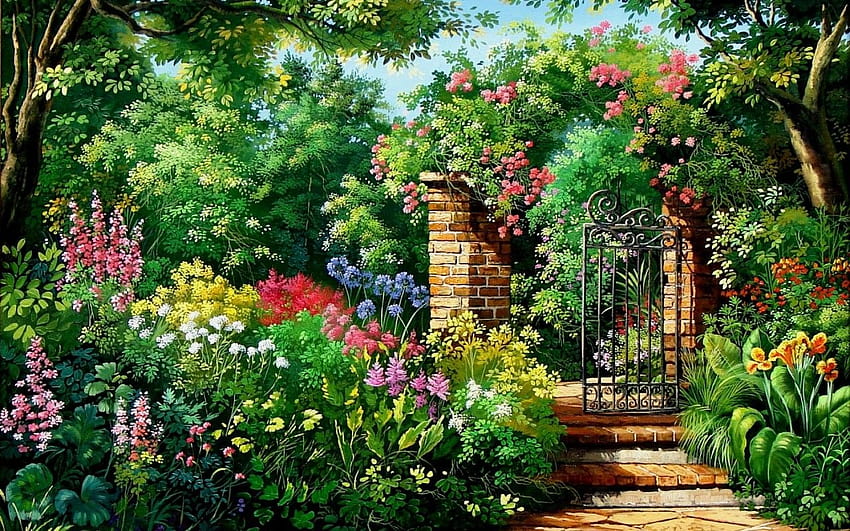 Flores con Encanto y de la puerta de jardín fondos de pantalla Wallpaper HD