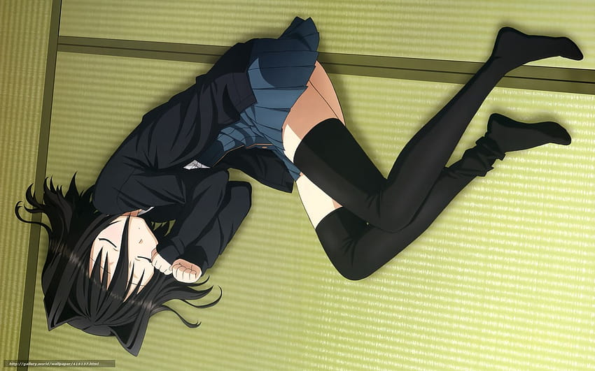 menina, no chão, Deitada, dorme, dorme no teu, menina anime dorme papel de parede HD