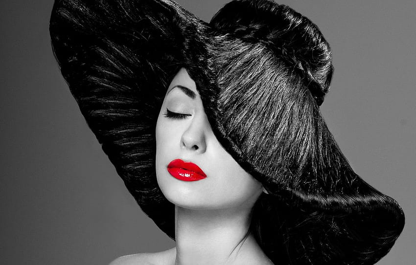 girl, hat, makeup, black and white, red lips, women black red lip HD wallpaper