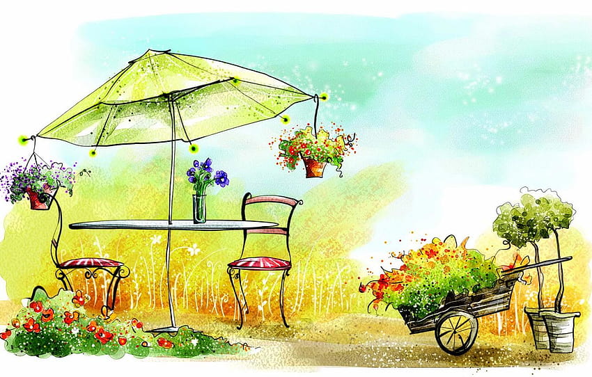 umbrella, watercolor, chair, green, painting, veranda HD wallpaper