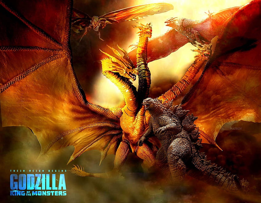 Monsterverse King Ghidorah намалява Годзила и други чудовища в Godzilla vs king Ghidorah HD тапет