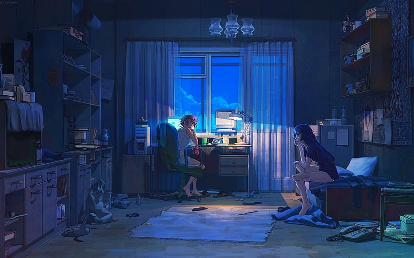 2560x1600 애니메이션 소녀, 방, 밤, 컴퓨터, 여름, 장면 애니메이션 밤 HD 월페이퍼