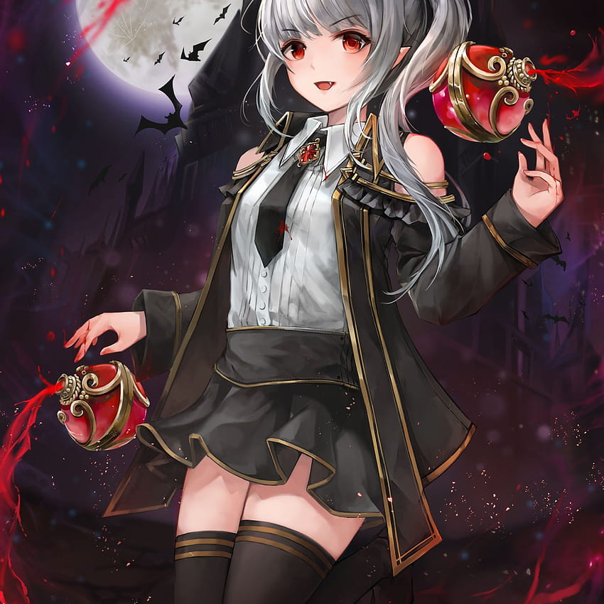 3000x3000 Anime Vampire Girl, Fang, rote Augen, graues Haar, Anime rot und grau HD-Handy-Hintergrundbild