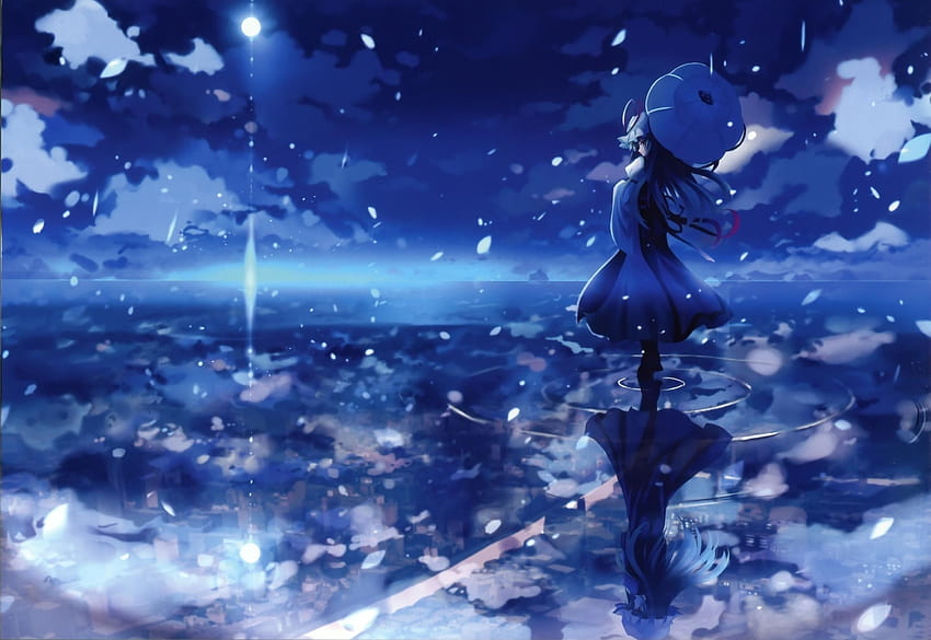 Water blue touhou night scenic yakumo yukari umbrellas skyscapes, anime girls landscape HD wallpaper