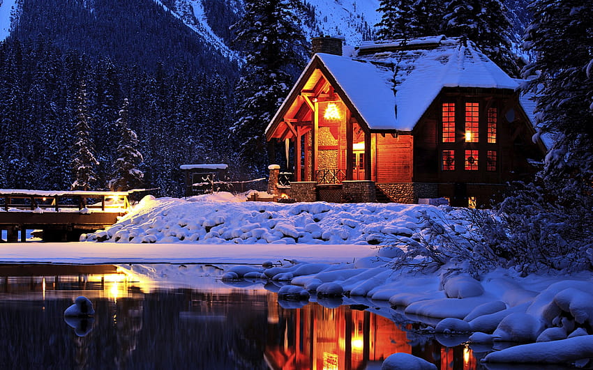 Winter, Cozy mountain lodge, Emerald Lake, Yoho National, emerald lake yoho national park HD wallpaper