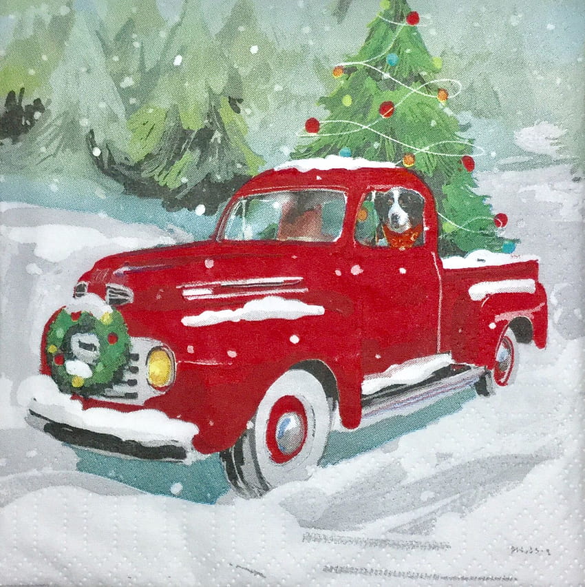 Decoupage Holiday Napkins, Set of 3, Vintage Red Pickup Truck Dog Snow Christmas, 10, red truck christmas decoration HD phone wallpaper