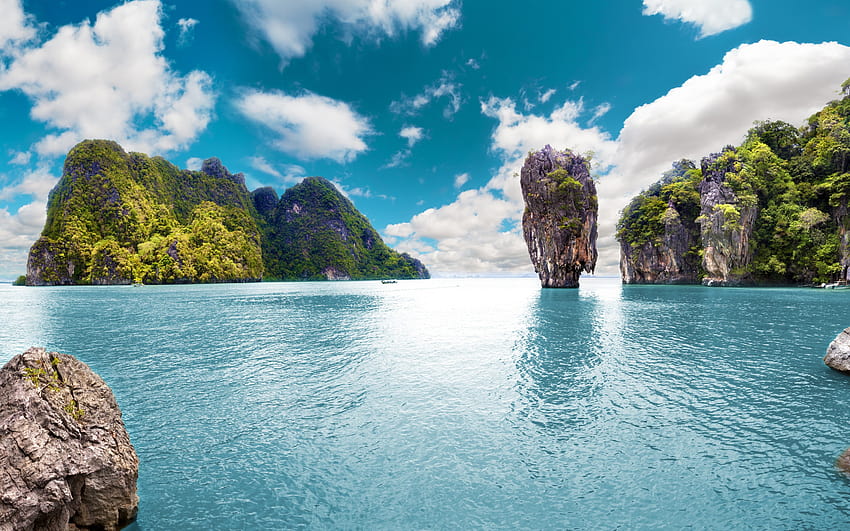 Tajlandia, Phuket, skały, tropikalne wyspy, ocean, morze, letnia podróż, pejzaż morski o rozdzielczości 2880x1800. Wysoka jakość, lato w Tajlandii Tapeta HD