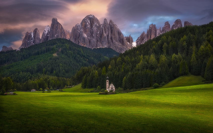 Alps, meadows, green, mountains, church 1920x1200, church alps HD wallpaper