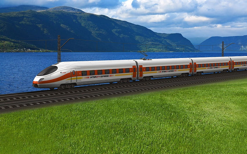 : sea, grass, vehicle, train, Passenger, railroad, movement, rail transport, rolling stock, peregrine falcon 1920x1200 HD wallpaper